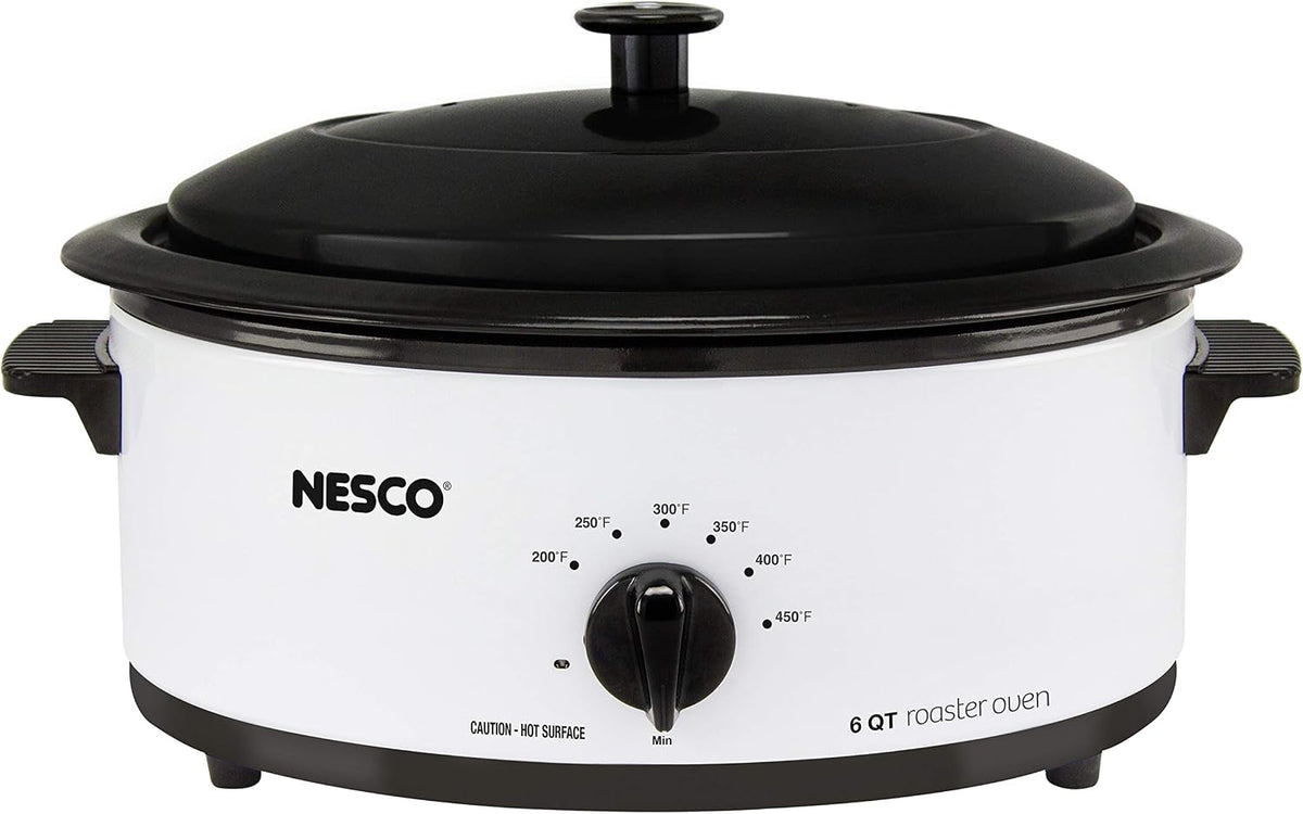 NESCO 4816‑14 Electric Roaster Oven for Everyday Home Cooking, White 6‑Quart Countertop Roaster with Porcelain Coated Steel Cookwell