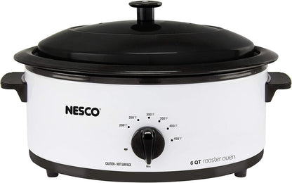 NESCO 4816‑14 Electric Roaster Oven for Everyday Home Cooking, White 6‑Quart Countertop Roaster with Porcelain Coated Steel Cookwell