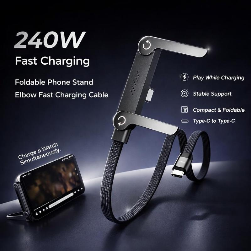 Invisible Stand Type-C Charger Cable, 240W Super Fast Charging 2-in-1 Charging Cord & Phone Holder for Gaming, Office, Car Travel – Black
