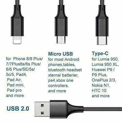 3in1 Fast USB Charging Cable Universal Multi Function CellPhone Charger Cord LOT