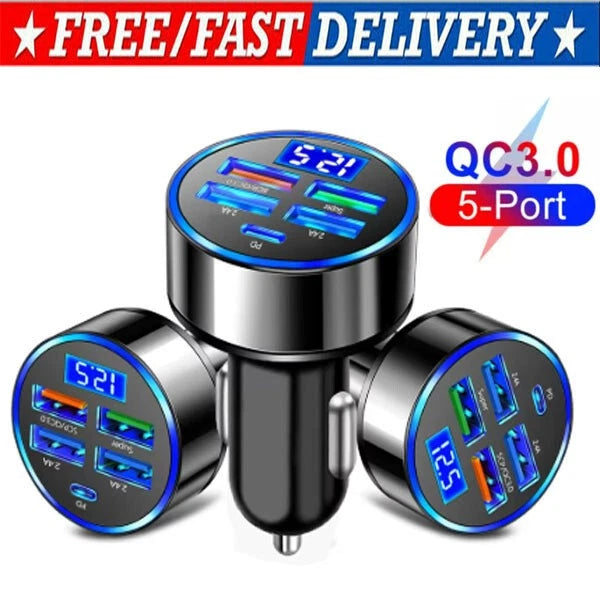5 USB Port Super Fast Car Charger Adapter for iPhone Samsung Android Phone LOT